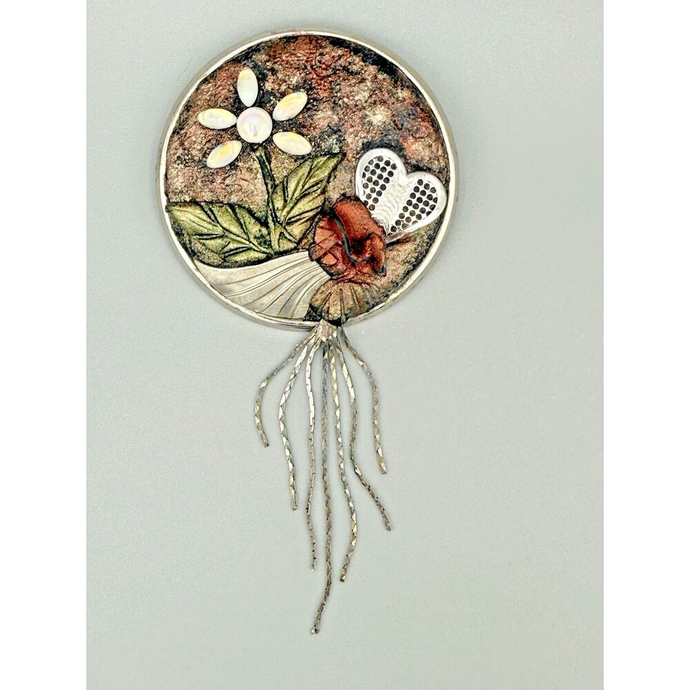 Handcrafted Mixed Media Flower Pin Vintage Dangle Chain Statement Brooch
